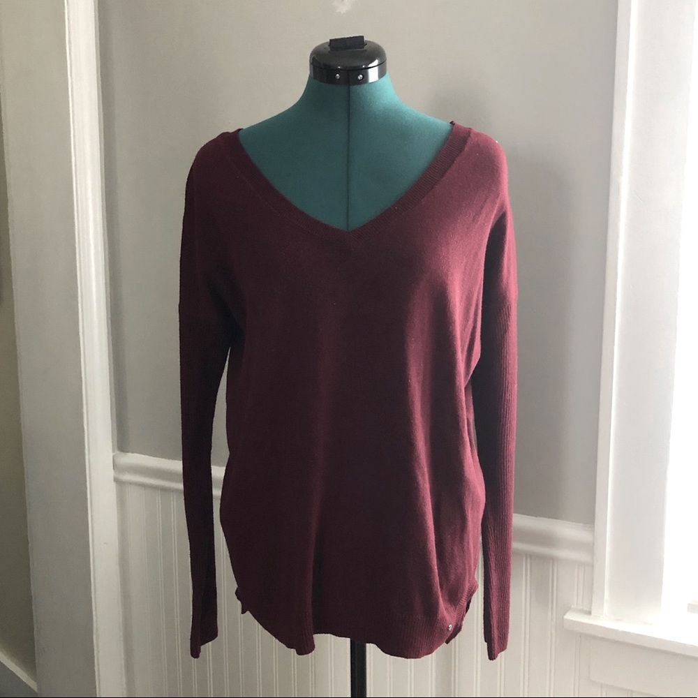 American Eagle Maroon Oversized V Neck Sweater SZS